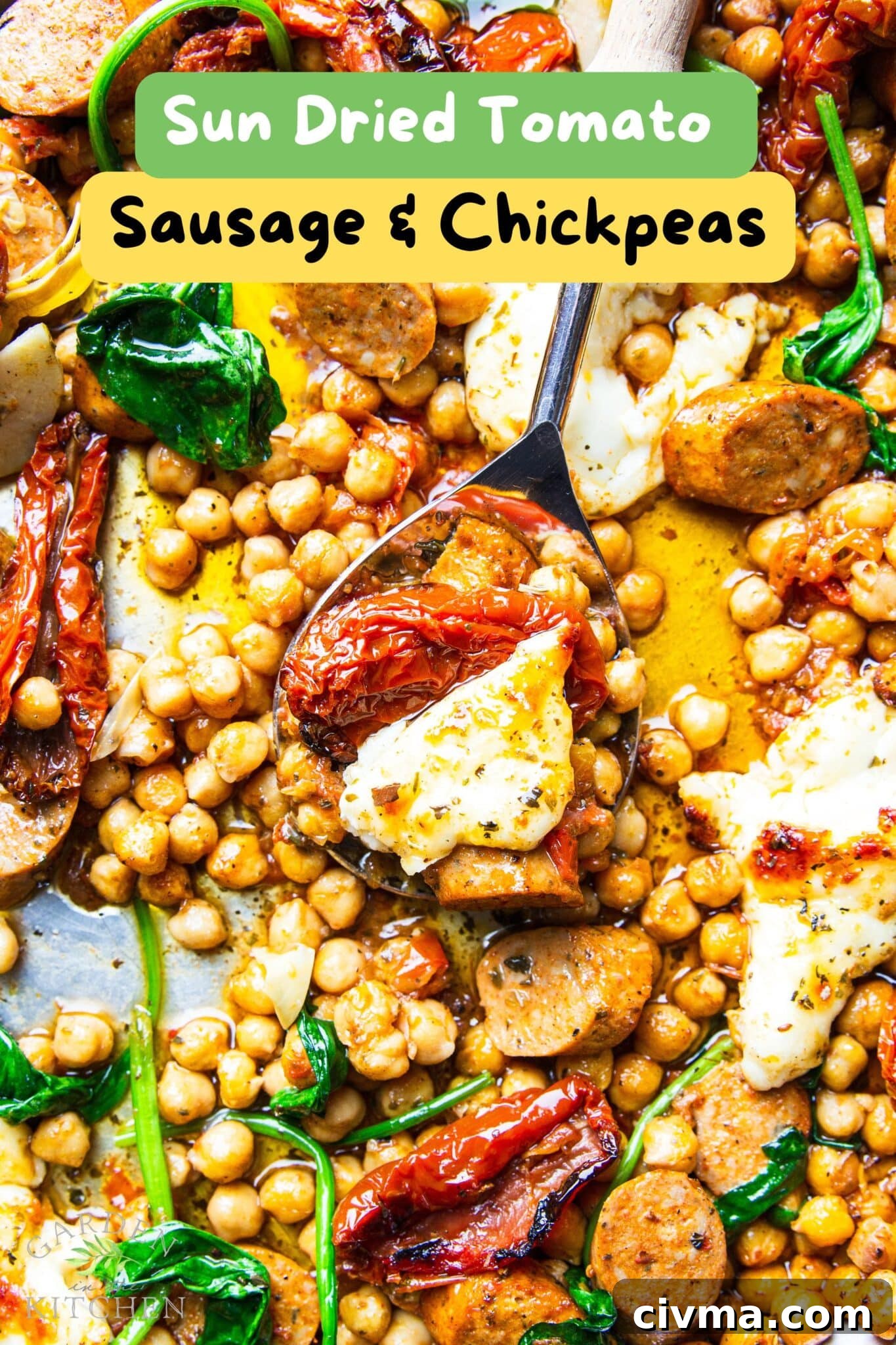 Sausage chickpea sheet pan dinner pin image