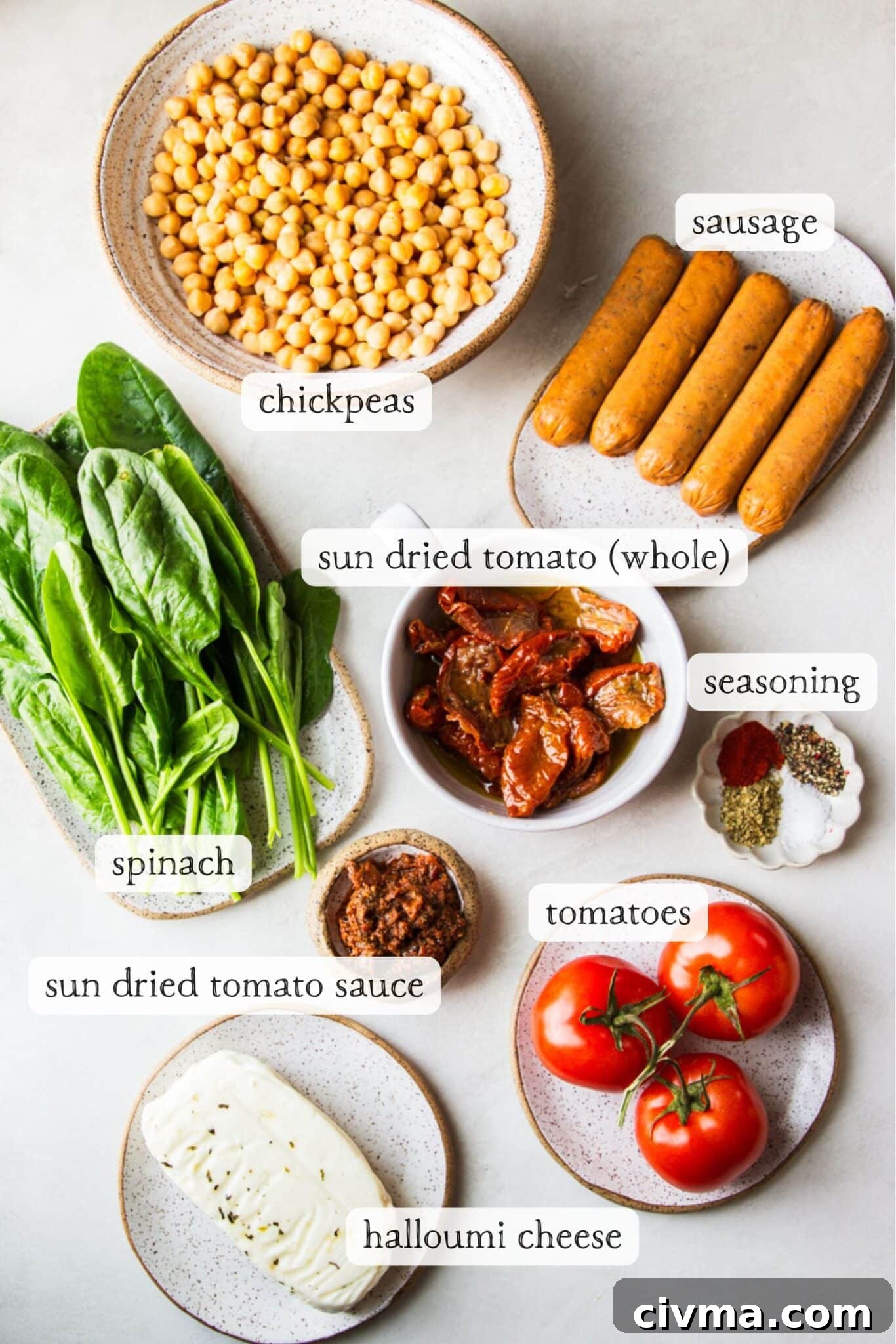 Ingredients for sausage chickpea sheet pan dinner