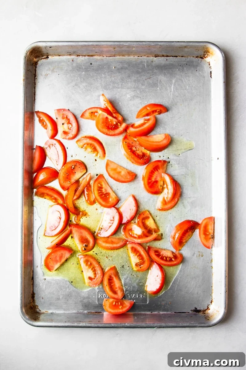 Sheet pan chickpeas with tomatoes and halloumi
