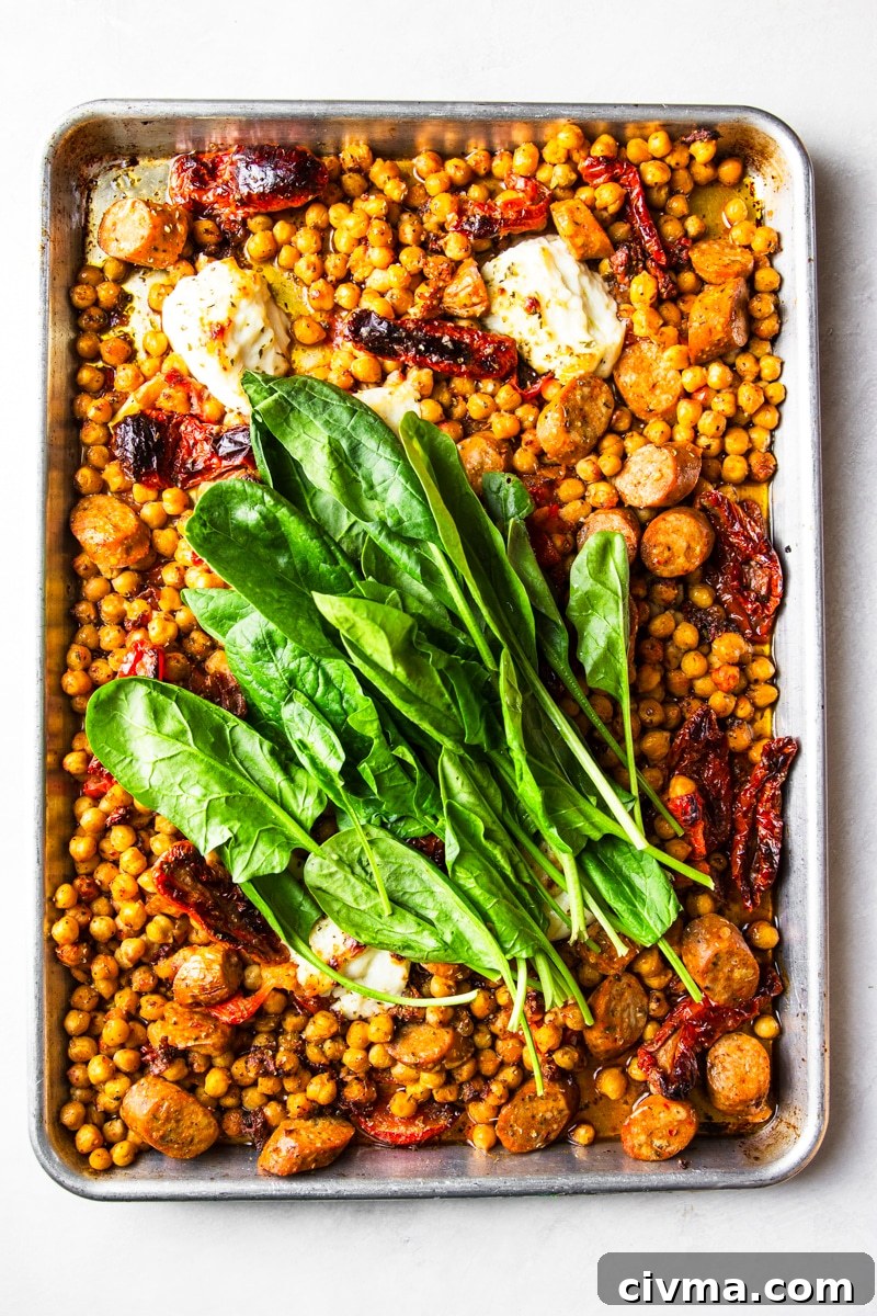 Finished sausage chickpea dinner with spinach