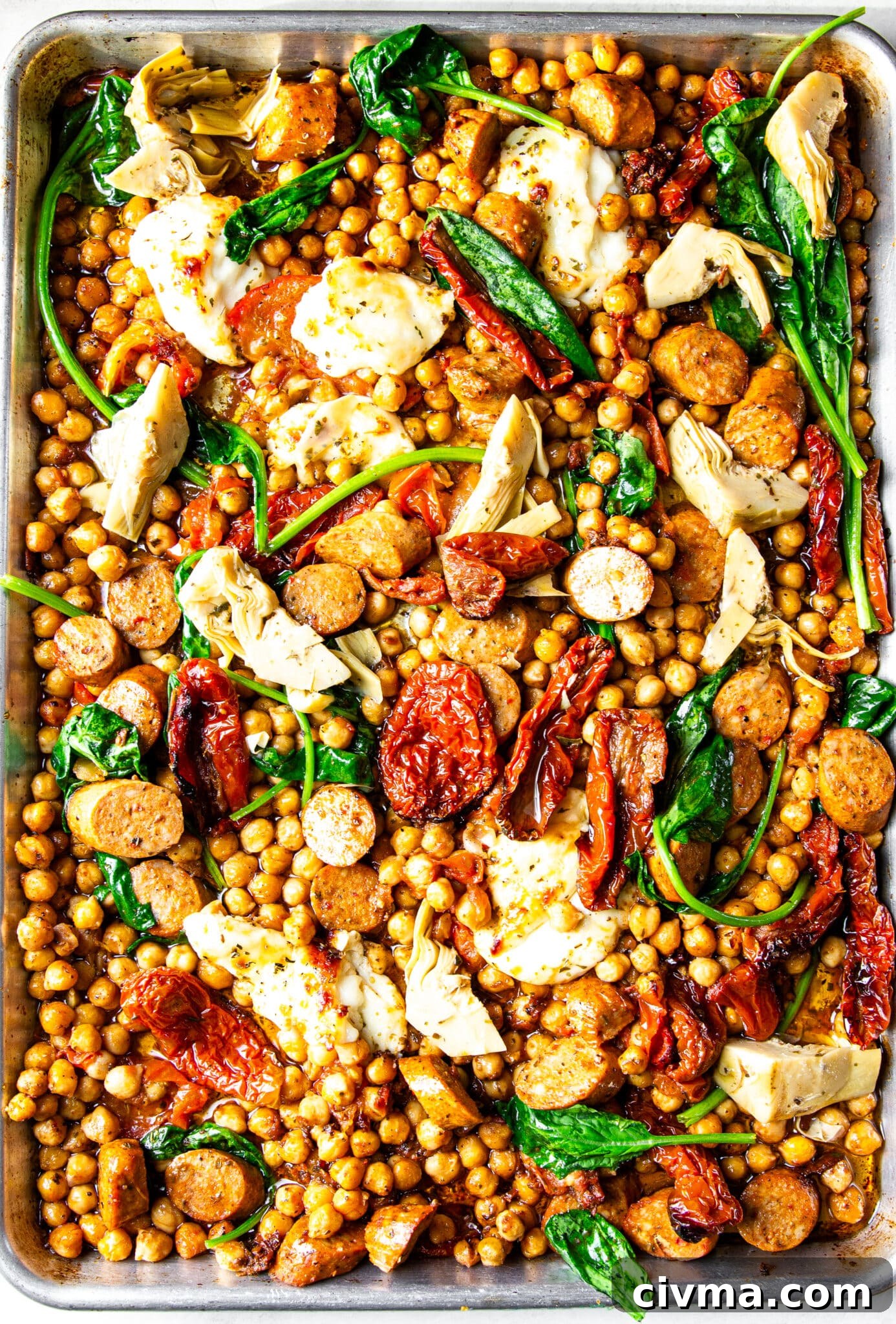 Mediterranean sausage and chickpea sheet pan dinner