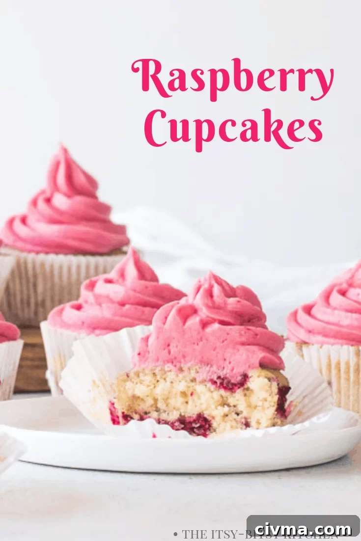 Pinterest image for raspberry cupcakes with text overlay