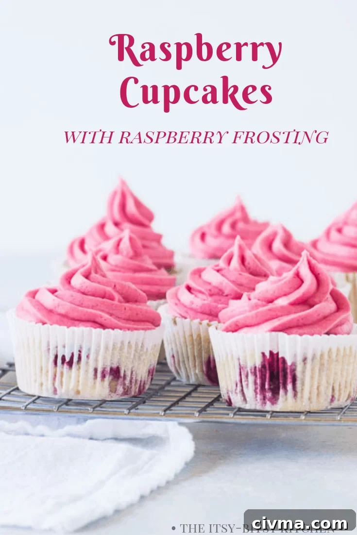Pinterest image for raspberry cupcakes with text