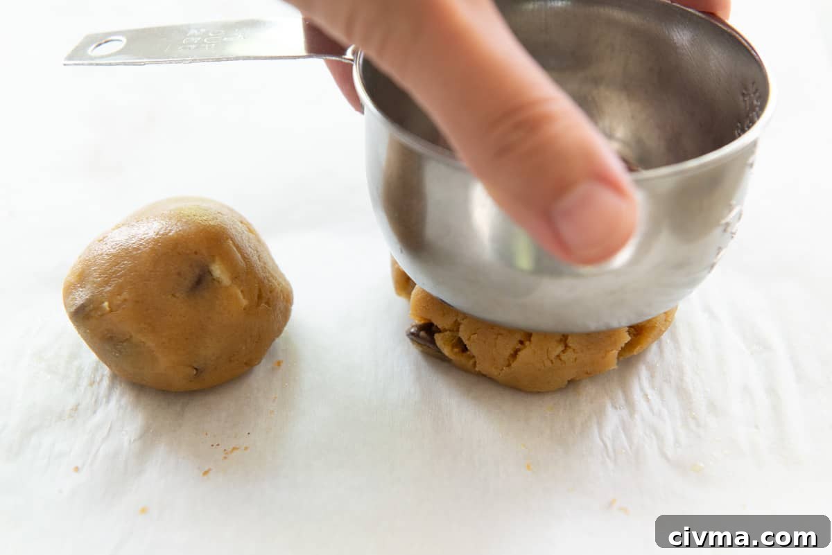 Flattening a Potato Chip Cookie Dough Ball with Measuring Cup