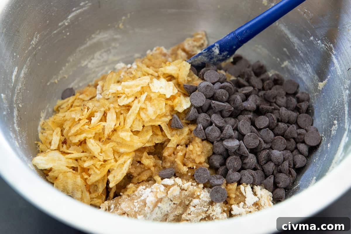 Crushed Potato Chips and Chocolate Chips Added to Dough