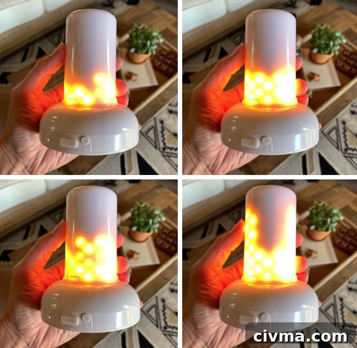 Flickering LED flame light shown in decorative containers