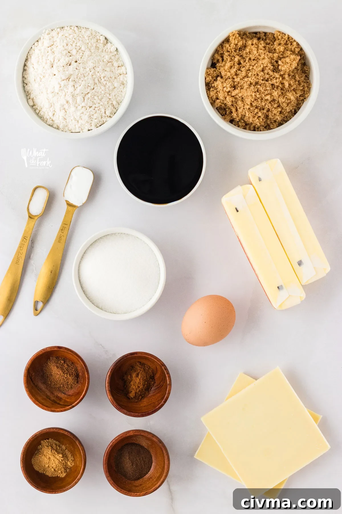 overhead shot of individual ingredients to make gluten free ginger cookies with molasses
