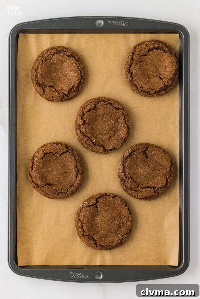 gluten free ginger cookies baked on a brown parchment paper lined cookie sheet