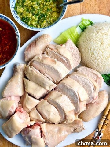 hainan chicken rice on plate with bowls of sauce