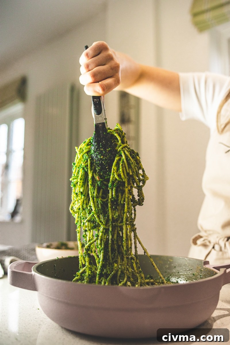 Kale Pesto Pasta with Sourdough Crumb