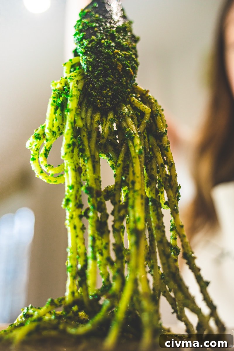 Serving Kale Pesto Pasta with Sourdough Crumb