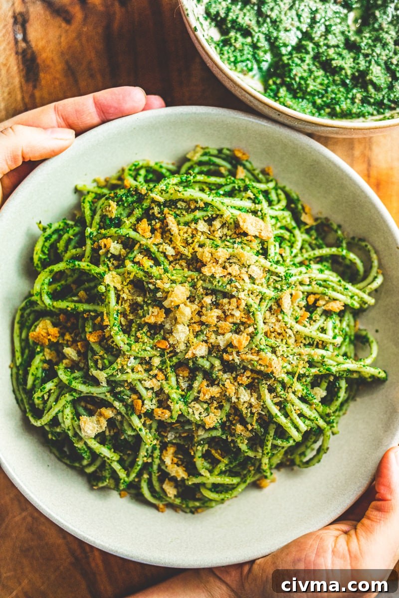 Kale Pesto Pasta with Sourdough Crumb