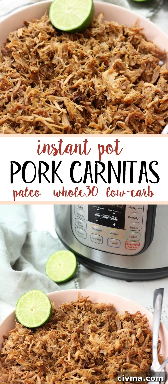 Whole30 Paleo Instant Pot carnitas made with pork shoulder, lime, garlic, onion, broth, and spices