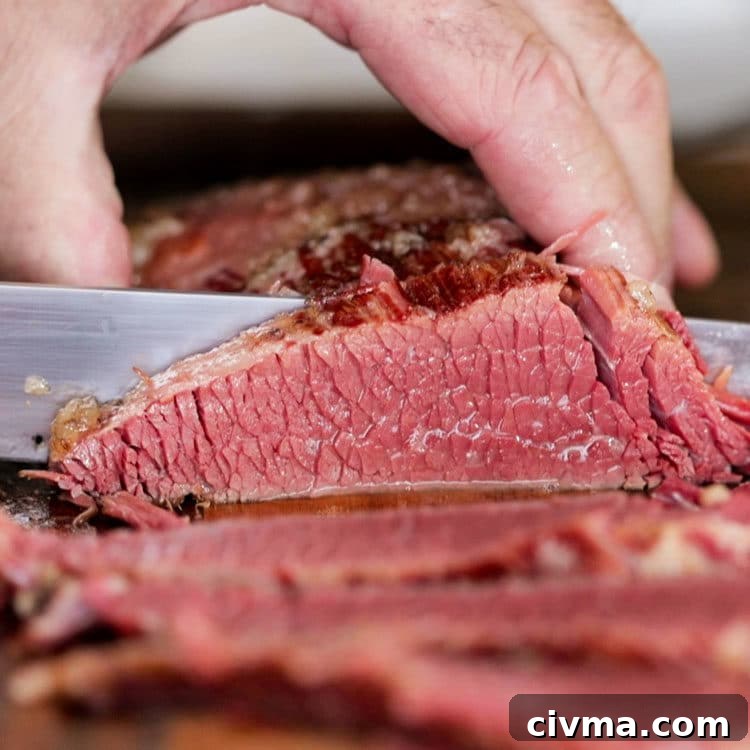 slicing Homemade Corned Beef