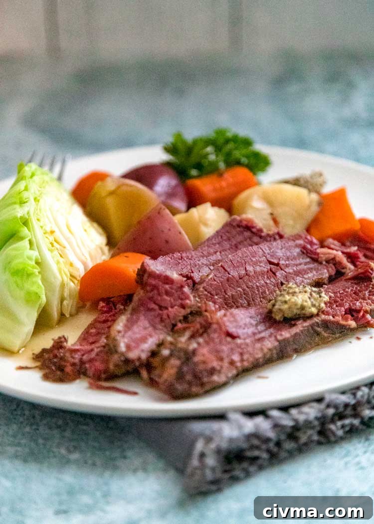 plate of corned beef with vegetables