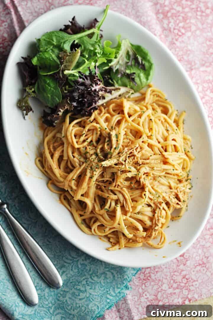 Overhead of linguini and chicken with cream cheese