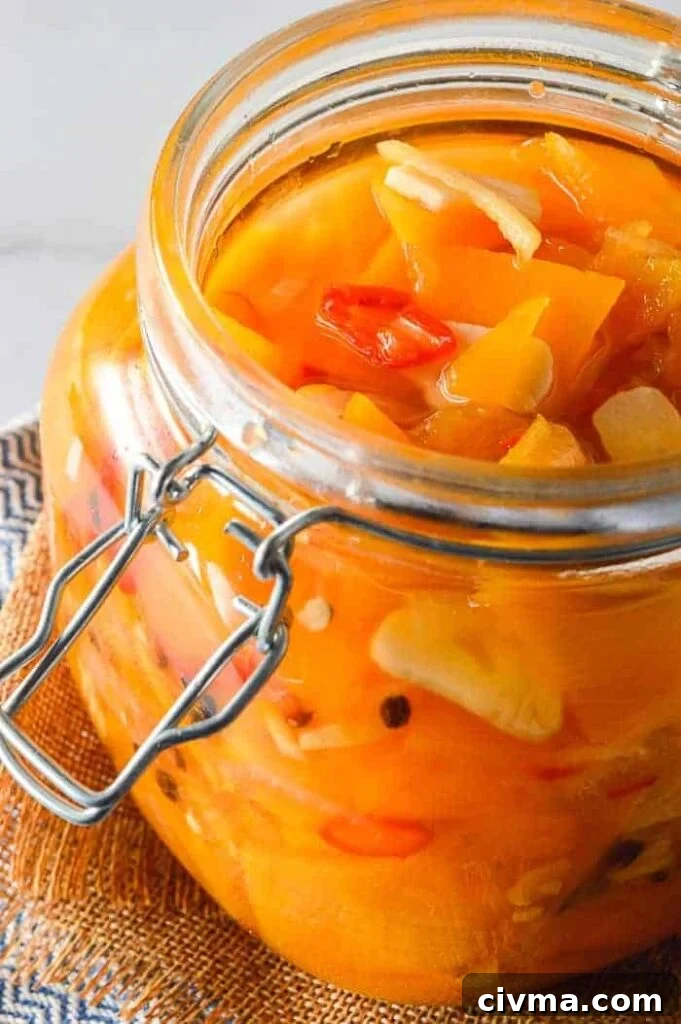 View into a glass jar with clear liquid, orange vegetable slices, garlic and red chilis