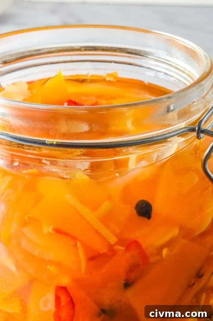 close up of jarred pumpkin pickles with pale grey background
