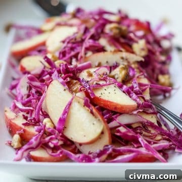 Square image of red cabbage salad, apples, and walnuts on a plate with a fork.