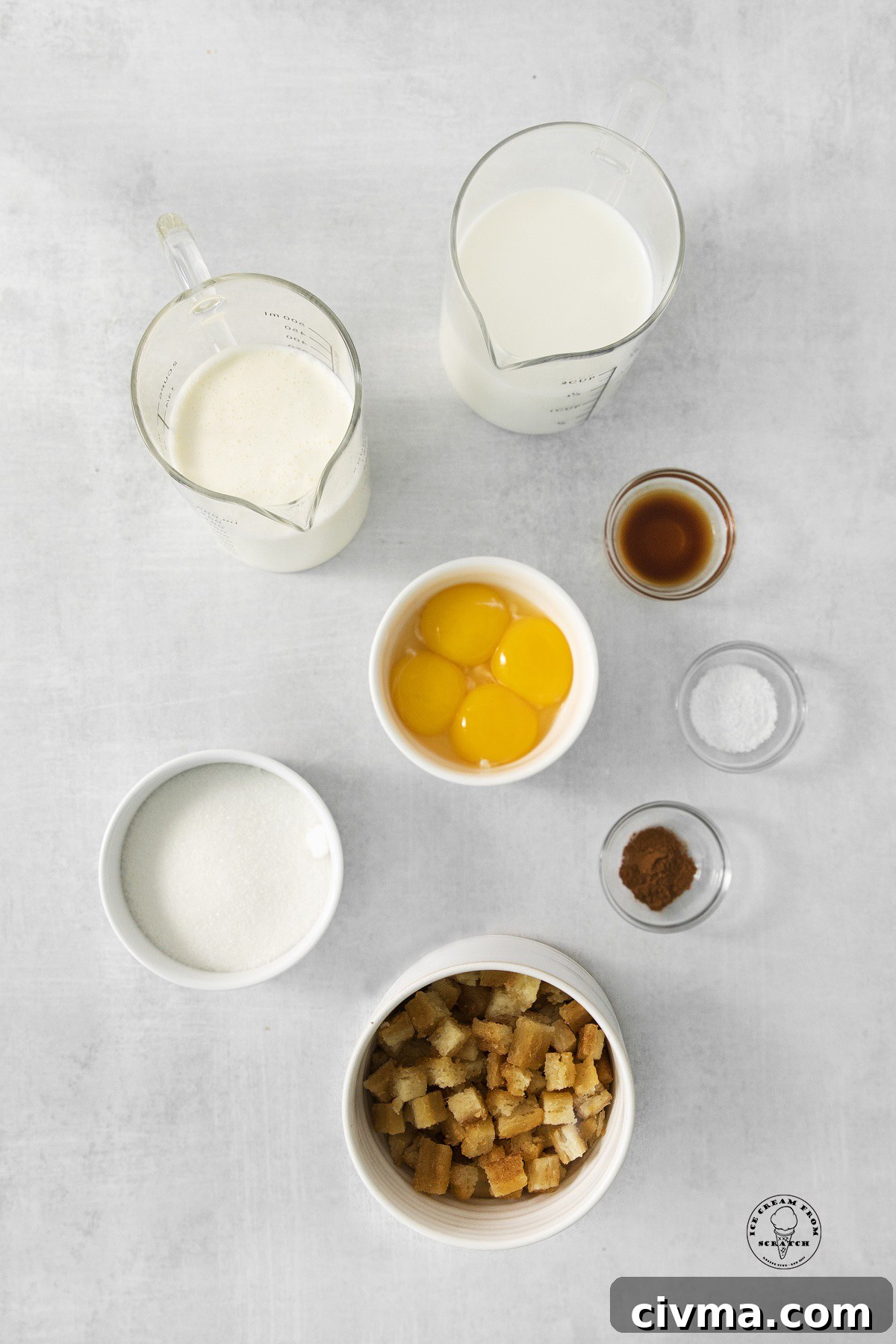 The ingredients needed to make ice cream with churros