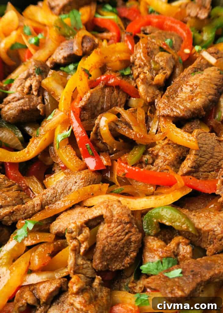 Steak fajitas served in a bowl