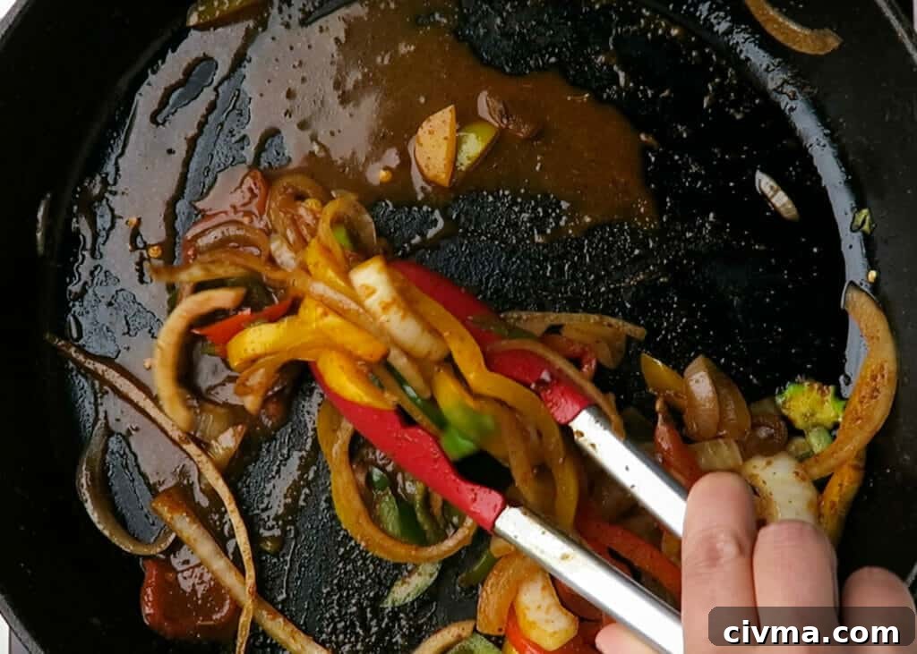Cooked peppers and onions for steak fajitas