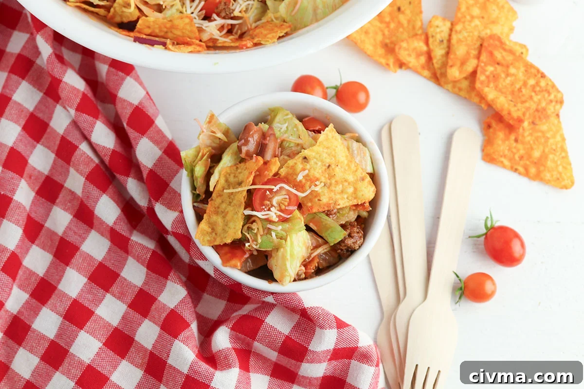 Dorito Taco Salad Recipe with Ground Beef and Catalina Dressing 8 A serving of Dorito Taco Salad in salad bowl.