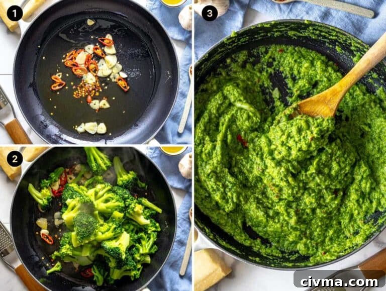 making the creamy broccoli sauce in three simple steps