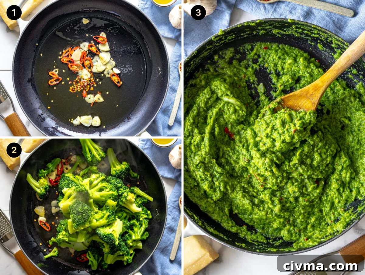 making the creamy broccoli sauce in three simple steps