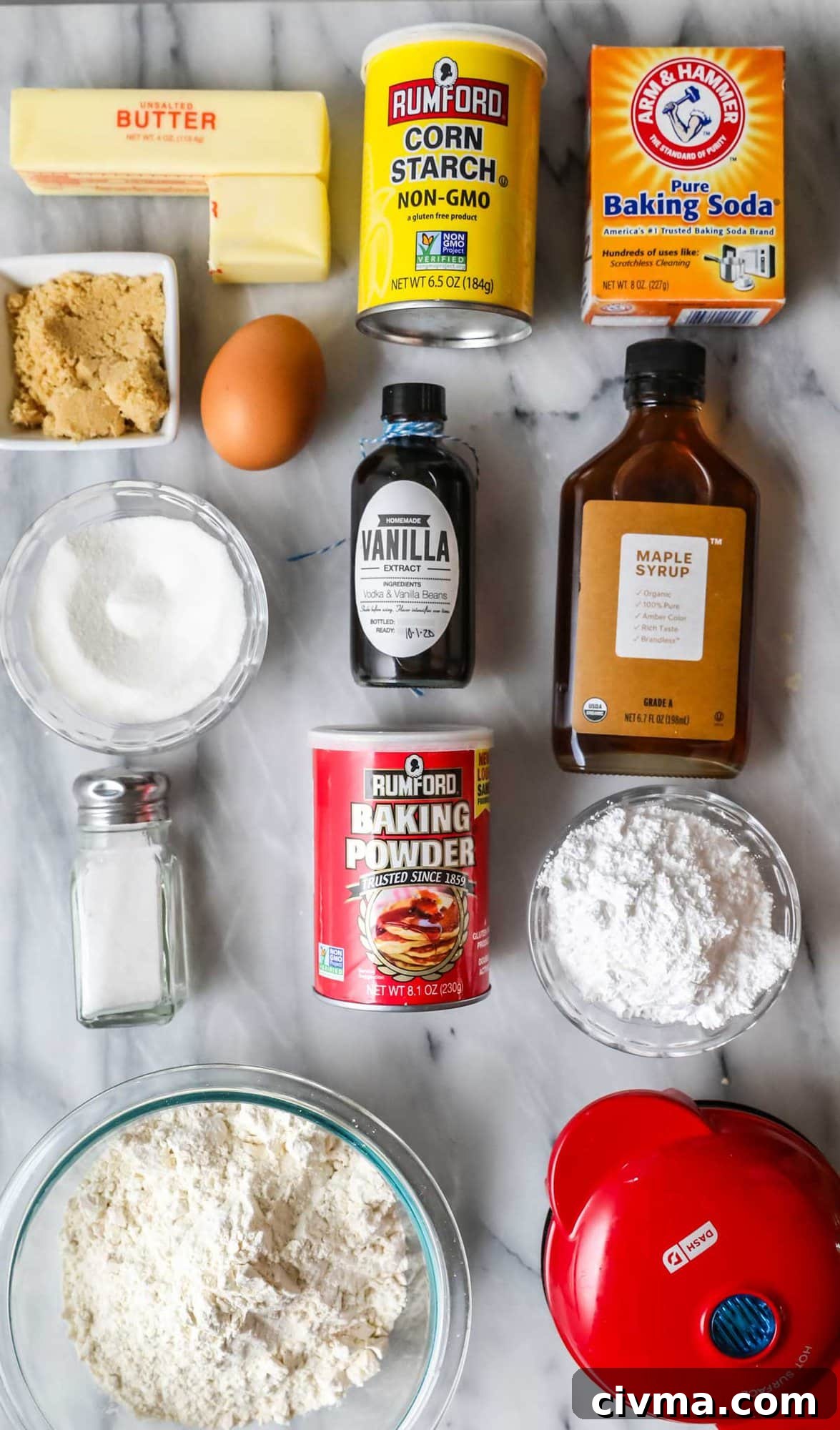 Overhead view of ingredients including maple syrup, corn starch, brown sugar, and more.