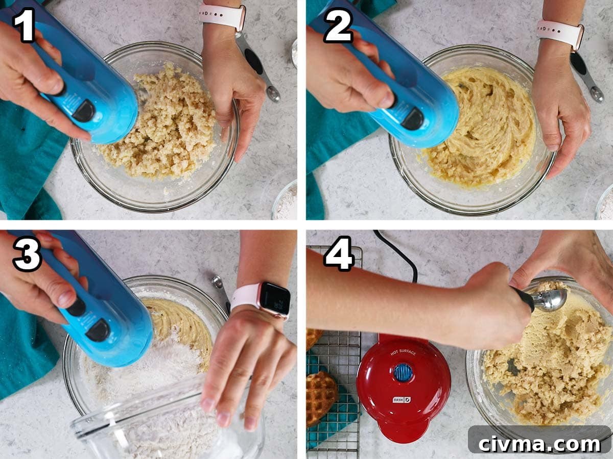Four photos showing waffle cookie dough being prepared.