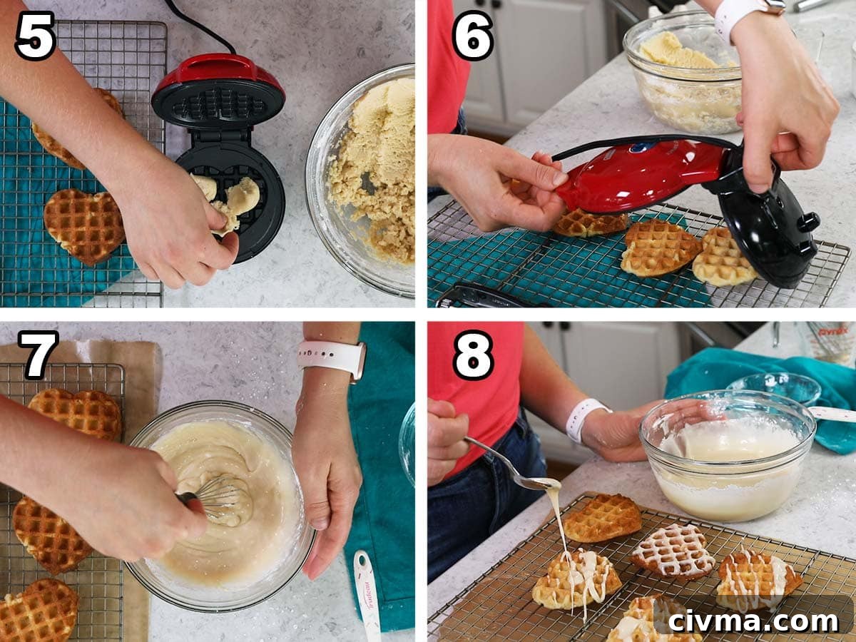 Four photos showing cookie dough being placed in a waffle maker before being drizzled with a maple glaze.