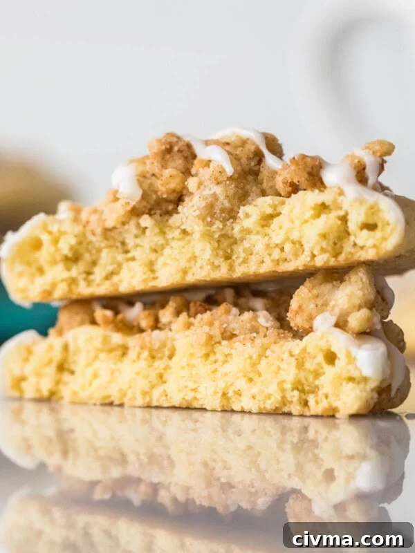 Cross section of coffee cake cookies stacked on top of each other.