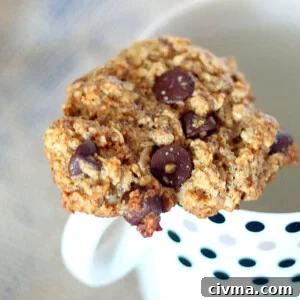 Oatmeal chocolate chip cookie resting on a mug