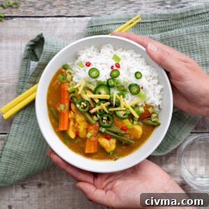 hands holding Chinese chicken curry bowl