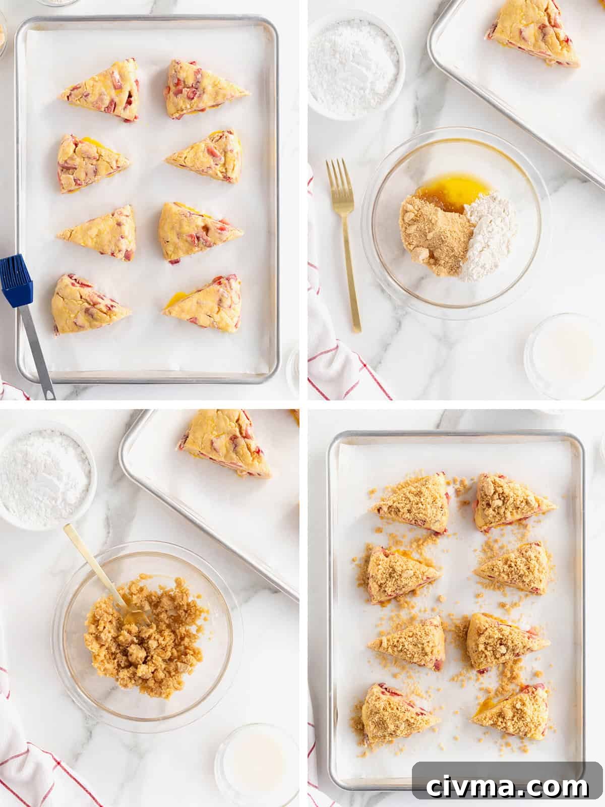Adding streusel topping to strawberry scones before baking.