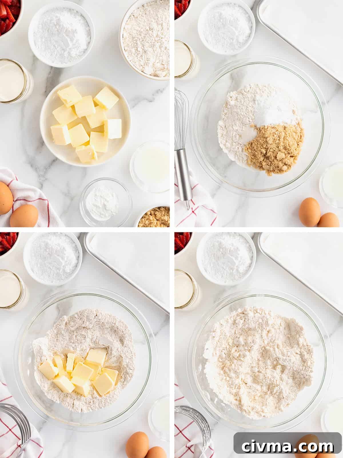 Step-by-step process for making strawberry streusel scones.