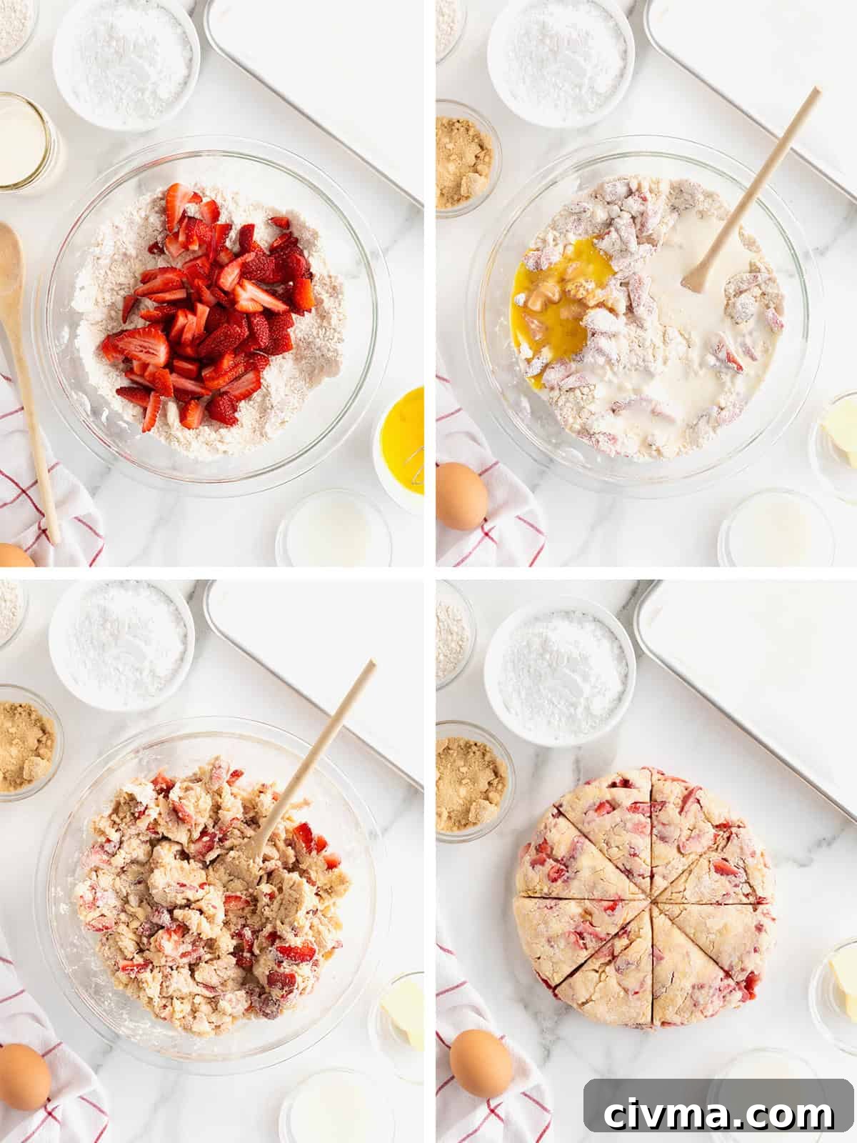 Strawberry scone dough shaped and cut into wedges.