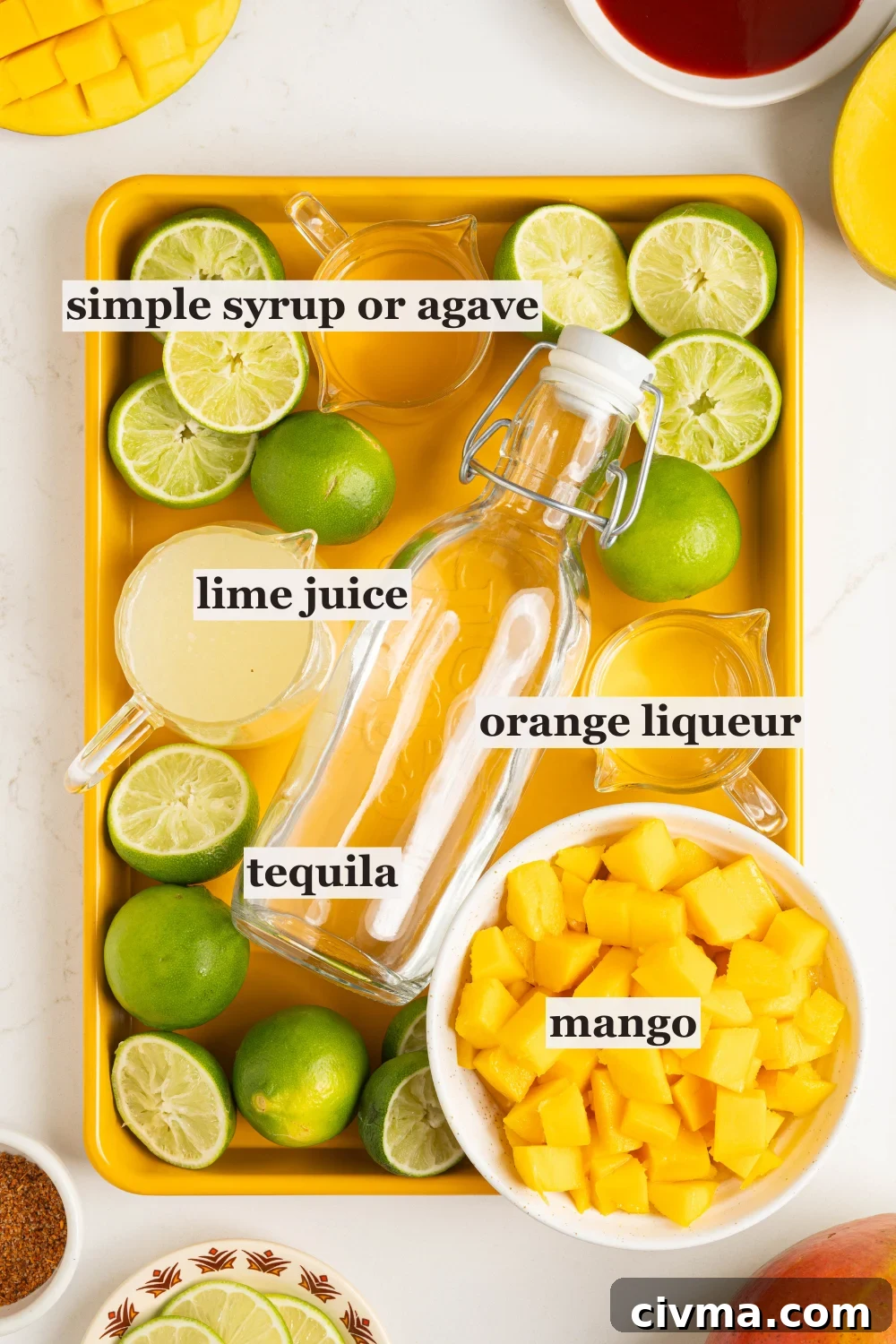 Bowls of mango, lime juice, and more.