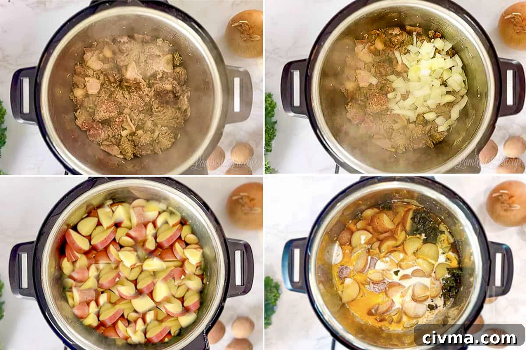 Step by step photos showing how to brown sausage, sauté onions, and pressure cook Zuppa Toscana in an Instant Pot.
