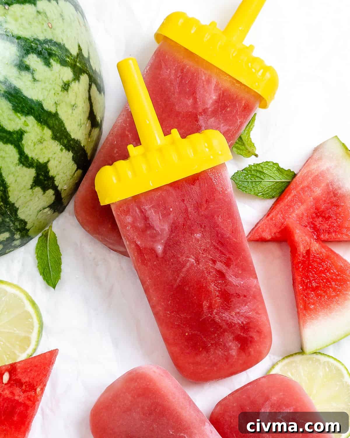 Homemade Watermelon Popsicles Recipe 2 two completed Watermelon Popsicles with watermelon scattered in the background