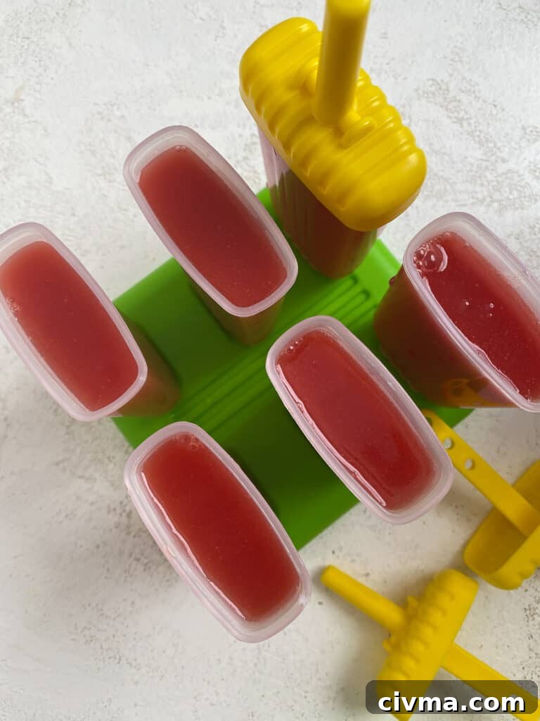 Homemade Watermelon Popsicles Recipe 6 6 watermelon popsicles in their molds against a light background