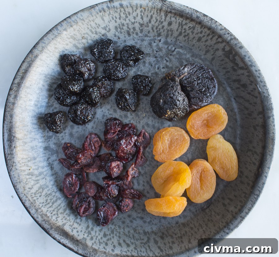 Add dried fruits, I use dried cherries, cranberries, figs and apricots