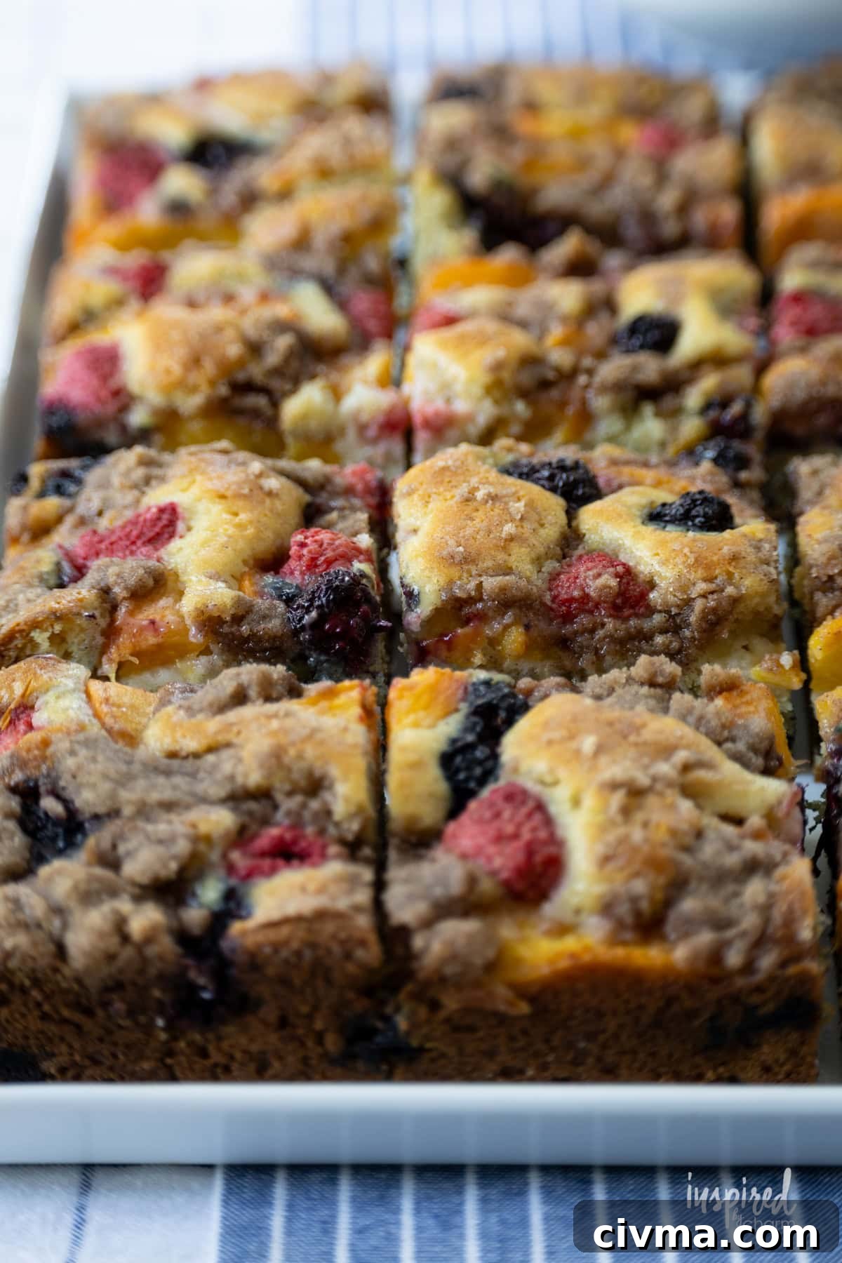 platter of Nectarine and Berry Buckle on a table.