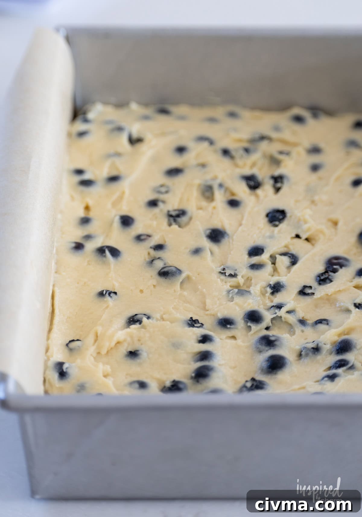 buckle batter in a pan with blueberries.