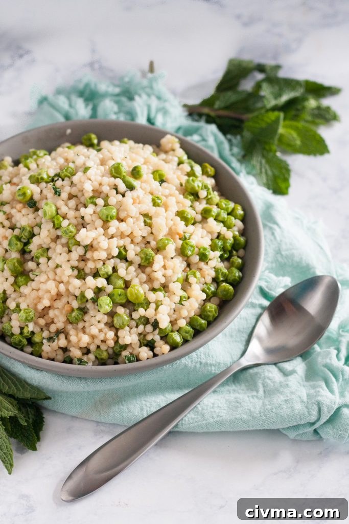 Mint Pea Couscous Salad 2 Mint provides a refreshing flavor to this mint pea couscous.