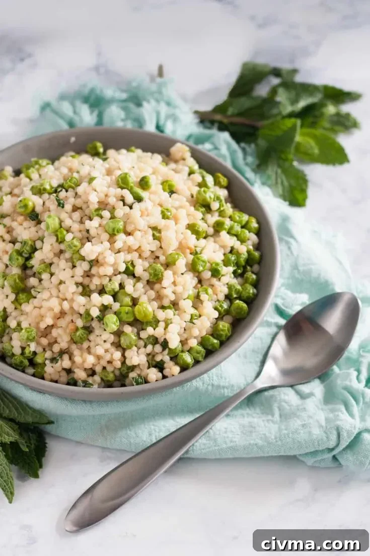 Mint pea couscous with fresh peas and mint.