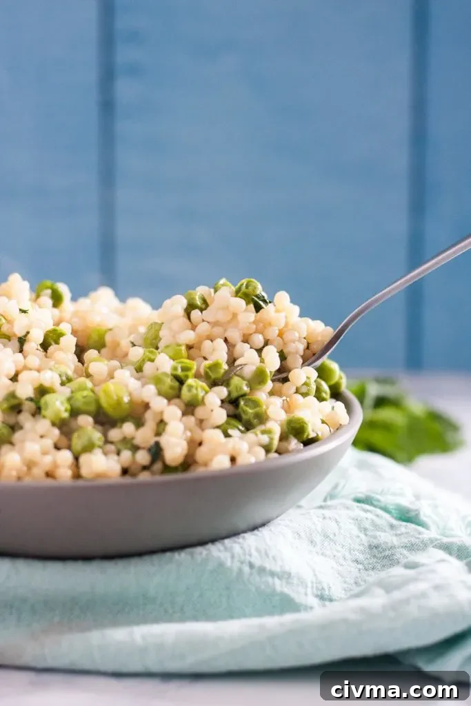 Mint Pea Couscous Salad 5 Mint pea couscous is a great light side dish for roasts like lamb or ham.