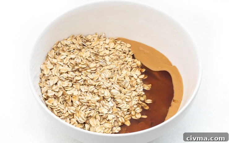 Oats, honey and peanut butter in a white bowl.