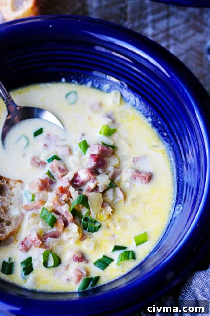 ham and cheese soup with scallion in a blue bowl with spoon sided, close up shot